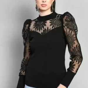 Flower Work Net Puff Sleeves High Neck Black Color Women's Top