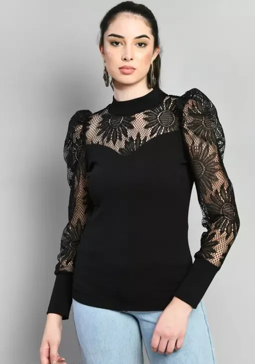 Flower Work Net Puff Sleeves High Neck Black Color Women's Top