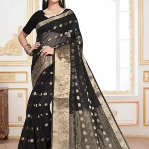 Fancy Black Organza Saree With Golden Embroidered Design