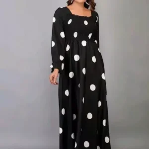 Black Color White Dot Long One Piece Style Women's Dress