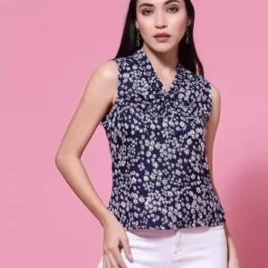 Dark Blue Color Floral Print Tie-Up And Sleeve-less Women's Top