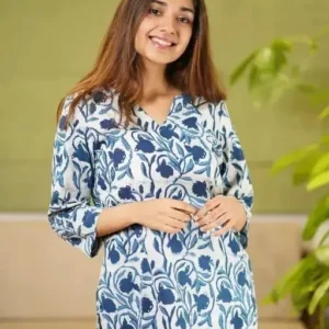 Cotton Hand Block Printed Blue Color Short Kurti Style Women's Top