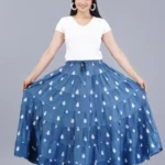 Denim Blue Color Printed Frill Long Women's Skirt