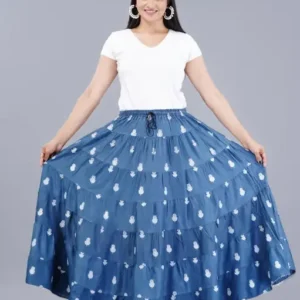 Denim Blue Color Printed Frill Long Women's Skirt