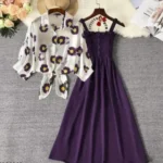 Purple Long Kurti With White Flower Printed Shirt Style Shrug Women's Dress