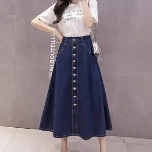 A-Line Denim Navy Blue Color Buttoned Woman's Skirt