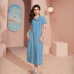Ocean Blue Color Denim Long One Piece Style Women Dress