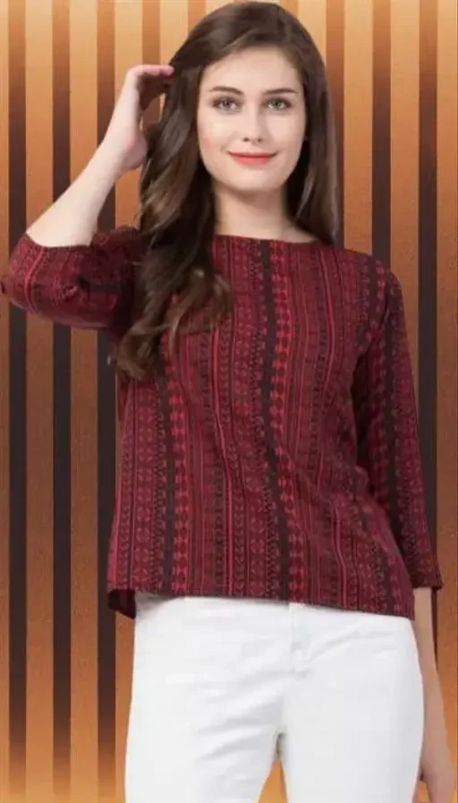 Coffee Color Round Neck Classic Printed Women's Top