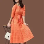 Printed Stylish Orange Long Round Kurti With Belt Women's Dress