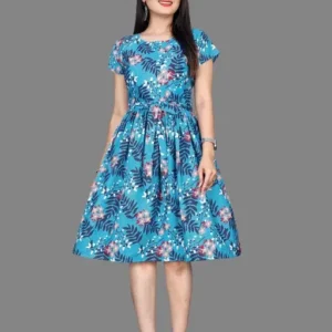 Digital Print Sky Blue Color Squire Neck Frock Style Women's Dress