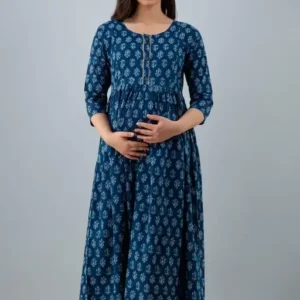 Maternity Blue Color Printed Long Dress with Discreet Zipper