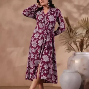 Viscose Rayon Wine Color Floral Print Indo Western Type Women's Dress