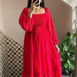 Three Layer Frill Red Color Long Pattern Women's Dress