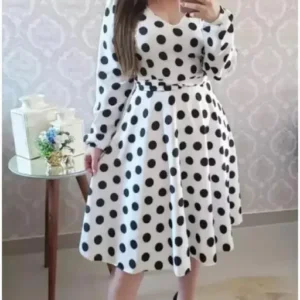 White Color Black Dot Tunic Style Short Women's Dress