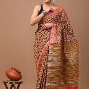 Traditional Ajrakh Print Cotton Linen Saree With Attached Blouse