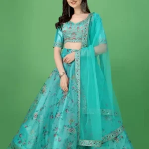 Light Blue Printed Semi Stitched Lehenga Choli with Embroidered floral designPrinted Semi Stitched Lehenga Choli with Embroidered floral design