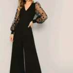 Black Color V Neck Star Print Puff Sleeve Women's Long Jumpsuit