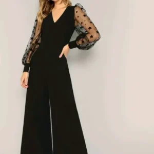 Black Color V Neck Star Print Puff Sleeve Women's Long Jumpsuit