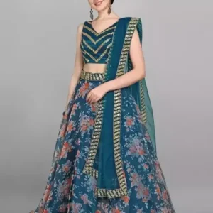 Bottle-Green Color Floral Digital Print Semi Stitched Organza Lehenga Choli