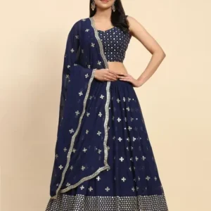 Navy Blue Color Sequins Embroidery Work Georgette Lehenga Choli with Dupatta