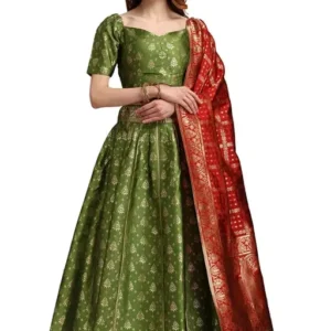 Parrot Color and Golden Buti Design Jacquard Woven Banarasi Semi semi-stitched lehenga Choli And Dupatta