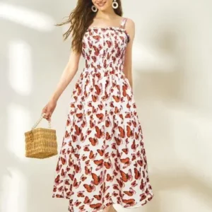 Pretty Graceful Orange Butterfly Printed Women Dresses