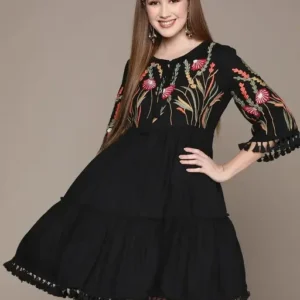 Black Embroidery Work Short Round Tunic Type Women's Dress