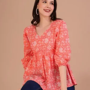 Casual Puff Sleeves Printed Orange Color V Neck Women's Top