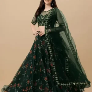 Green Lehenga with Red floral design