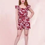 Flower Print Maroon Color With Pocket And Belt Short Women's Jumpsuit