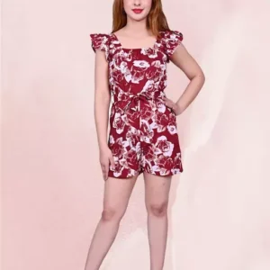 Flower Print Maroon Color With Pocket And Belt Short Women's Jumpsuit