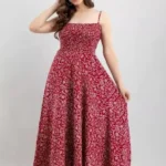 Leaf Printed Red Color Off Shoulder Flared Long Gaun Style Women's Dress