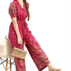 Red Color Rayon Fabric Printed Blazer Collar Long Women's Jumpsuit