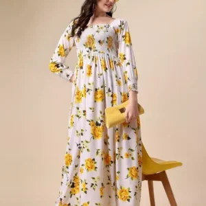 Yellow Color Flower Print Gaun Style Long Women's Dress