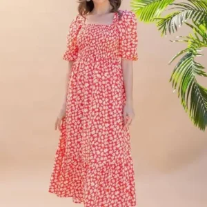 Floral Print Crepe Red Color Long One Piece Type Women's Dress