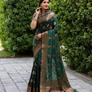 Dark Green With Heavy Embroidery Work Saree With Attractive Blouse