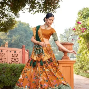 Magnetic Mustard Yellow Printed Silk Women's Lehenga Choli With Dupatta