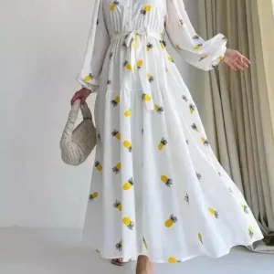 Pineapple Print White Long Flair Classic Designer Women's DressPineapple Print White Long Flair Classic Designer Women's Dress