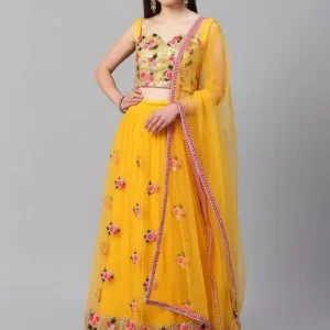 Yellow Pithi-Haldi Lehenga Choli with Fancy Pink Floral Design