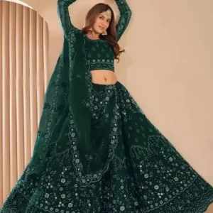 Dark Green Color with White Embroidered Attractive Lehenga Choli And Dupatta