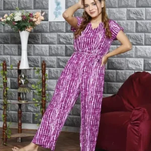 Purple Color V Neck Tie And Dyed Long Women's Jumpsuit With Belt